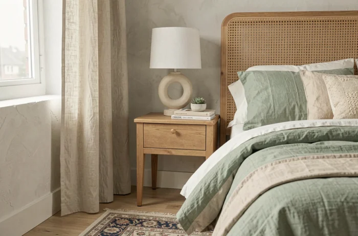 Coin chambre à coucher décoré avec une tête de lit en rotin, du linge de lit en lin sage et une table de chevet avec des objets décoratifs