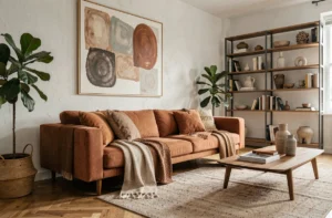 Salon moderne décoré avec un canapé en tissu terracotta, des plantes d'intérieur et des étagères avec des objets décoratifs originaux