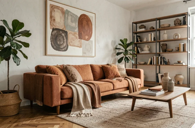 Salon moderne décoré avec un canapé en tissu terracotta, des plantes d'intérieur et des étagères avec des objets décoratifs originaux