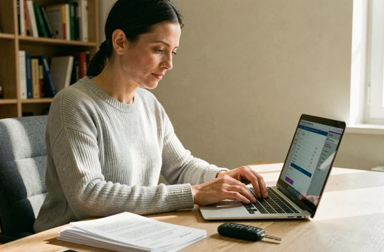 Femme effectuant ses démarches administratives automobiles en ligne depuis un bureau à domicile avec des documents de véhicule et un ordinateur portable