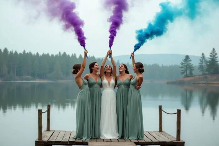 Cortège nuptial de demoiselles d'honneur tenant des fumigènes violets et bleus sur un ponton en bois au bord d'un lac