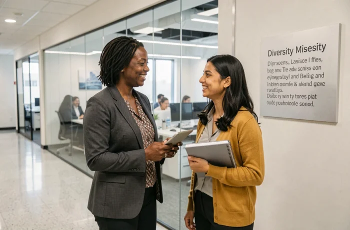 Deux femmes de cultures différentes échangeant chaleureusement dans un couloir d'entreprise, illustrant des relations professionnelles fondées sur des convictions partagées et l'inclusion