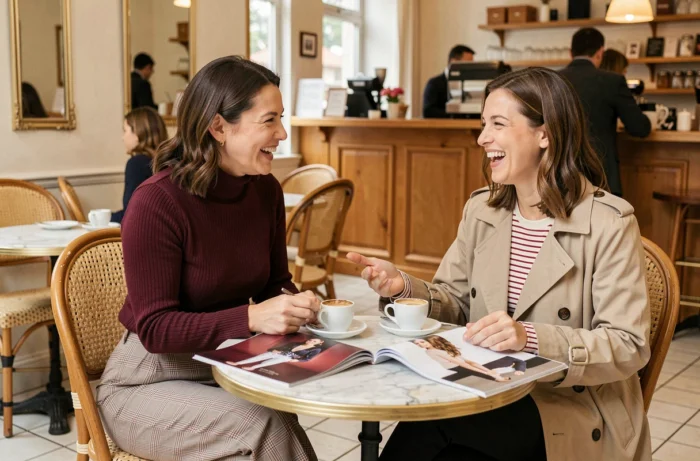 Deux femmes élégantes discutant des dernières tendances mode autour d'un café dans un bistrot parisien avec des magazines ouverts