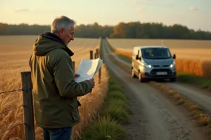 Agriculteur consultant un document légal au bord d'un champ de blé avec un camping-car en arrière-plan