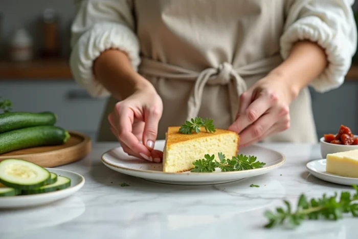 Femme dressant une assiette avec une tranche de cake aux courgettes et chèvre, accompagnée de tapenade et d'herbes fraîches sur un plan de travail en marbre