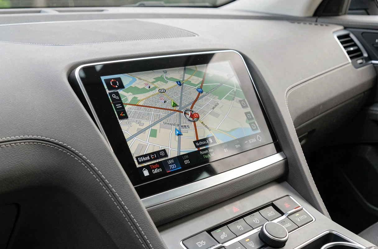 Écran GPS intégré dans le tableau de bord d'une voiture moderne affichant une carte de navigation