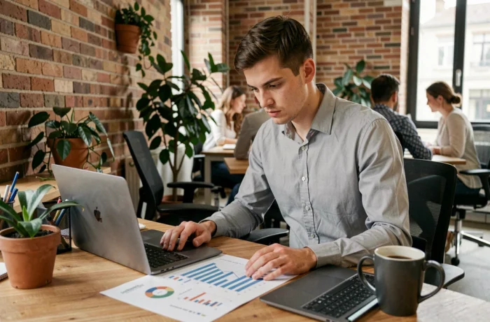 Jeune employé de bureau analysant un graphique sur l'évolution du Smic en 2024