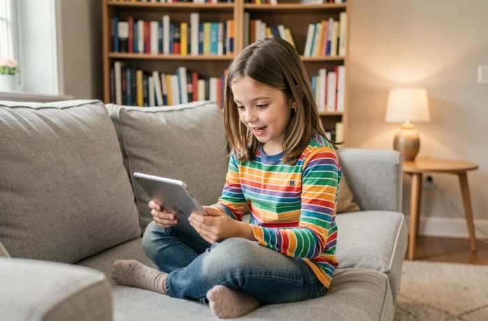 Enfant assise sur un canapé tenant une tablette pour s'inscrire à une activité parascolaire en ligne