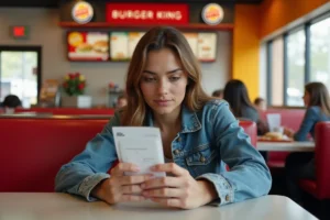 Jeune femme répondant à l'enquête Burger King sur son smartphone avec son ticket de caisse dans un restaurant