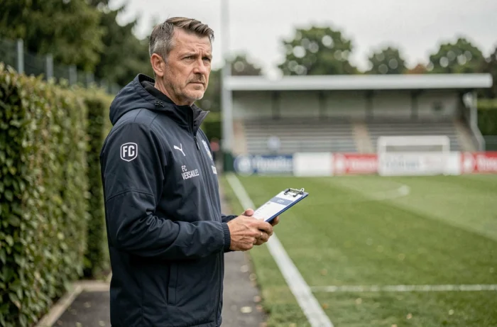 Entraîneur du FC Versailles sur le bord du terrain avec un tableau tactique lors de la saison National 2025-2026