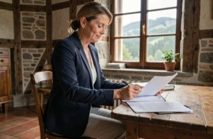 Femme cheffe d'entreprise travaillant dans un bureau alsacien typique du Pays de la Petite Pierre