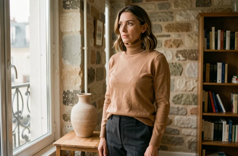 Femme élégante et discrète dans un appartement parisien, illustrant la vie privée et la réserve de l'épouse de Fabien Haimovici