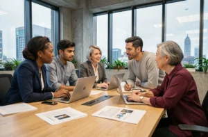 Équipe multiculturelle réunie autour d'une table de réunion en entreprise pour débattre de valeurs communes et de stratégies d'inclusion en milieu professionnel