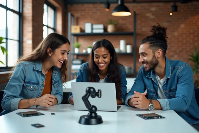 Équipe de jeunes professionnels collaborant autour de prototypes technologiques et d'un bras robotisé dans un espace de coworking