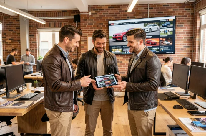 Équipe de journalistes automobile travaillant dans une rédaction numérique moderne autour d'un contenu web