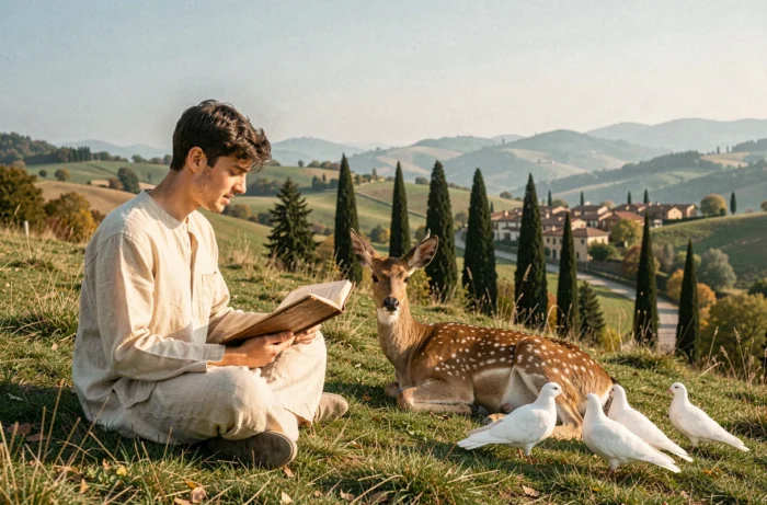 Jeune érudit religieux lisant un manuscrit entouré d'animaux sauvages sur une colline italienne ombrienne
