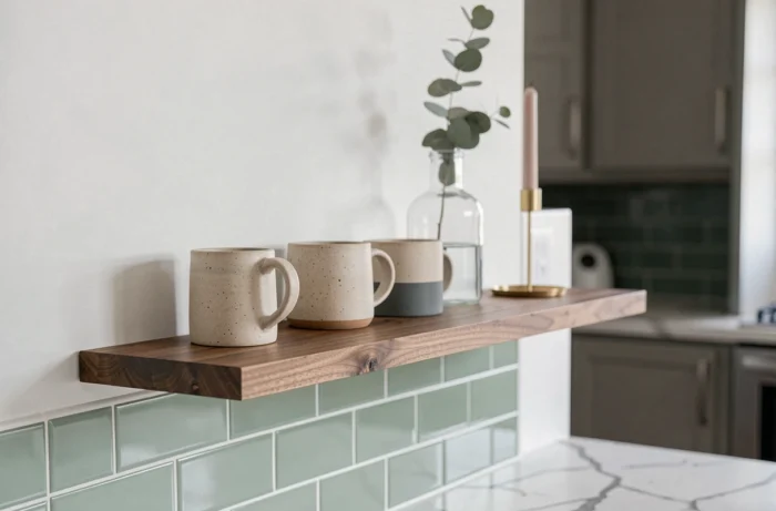 Étagère en bois de noyer avec céramiques artisanales et décoration minimaliste dans une cuisine moderne
