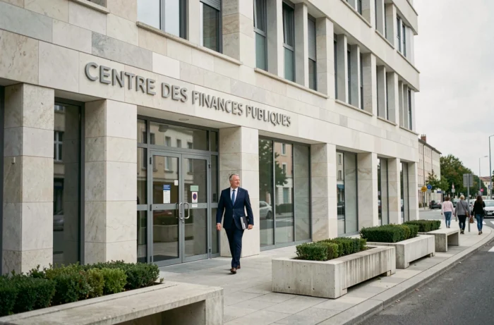 Façade du centre des impôts de Mérignac à Bordeaux avec un agent des finances publiques