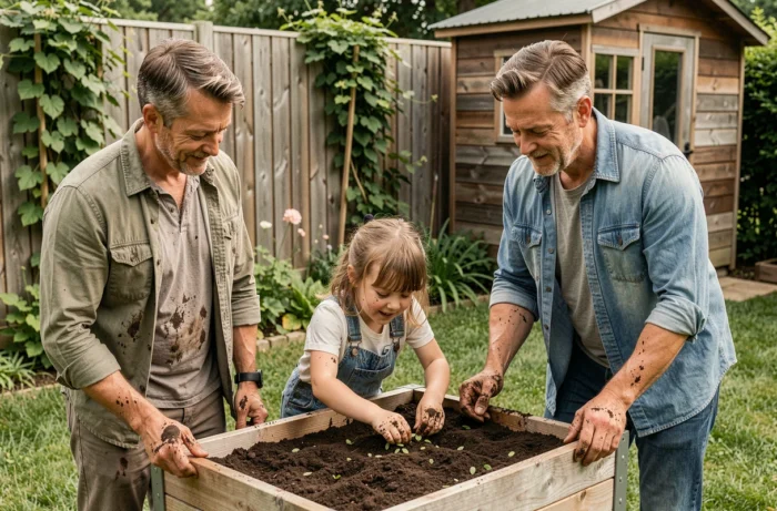 Famille épanouie jardinant ensemble dans un jardin extérieur avec leur fille le week-end
