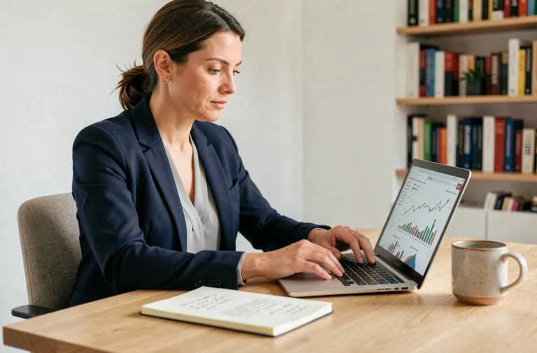 Femme concentrée qui analyse ses finances personnelles sur un ordinateur portable dans un bureau à domicile épuré