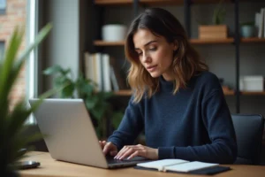 Femme consultant des avis utilisateurs sur Tarenoi depuis son bureau à domicile en 2026