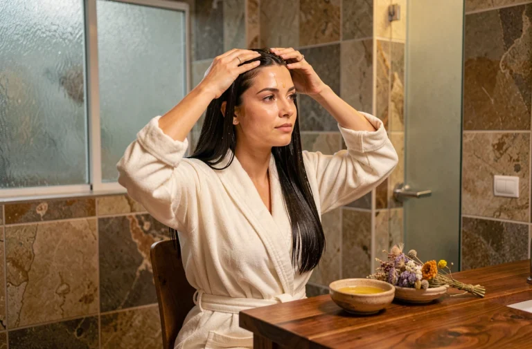 Femme appliquant un bain de charme à l'huile sur ses cheveux dans une salle de bain style spa avec des éléments naturels en bois et pierre