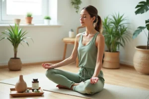Femme pratiquant la pleine conscience entourée de produits de bien-être naturels dans un intérieur minimaliste