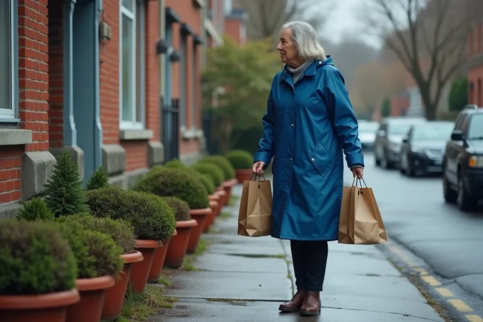 Femme contrariée devant sa voiture face à des pots de fleurs bloquant illégalement une place de stationnement sur le trottoir
