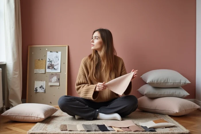 Femme choisissant des textiles et couleurs de peinture pour transformer sa chambre en cocon douillet lors d'un projet de décoration intérieure