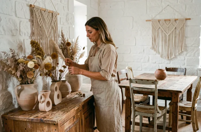 Femme arrangeant des fleurs séchées et des céramiques sur un buffet en bois dans une salle à manger décorée avec style