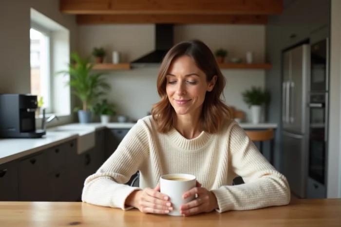 Femme tenant une tasse de cappuccino fait avec une DeLonghi Magnifica S dans un intérieur scandinave chaleureux