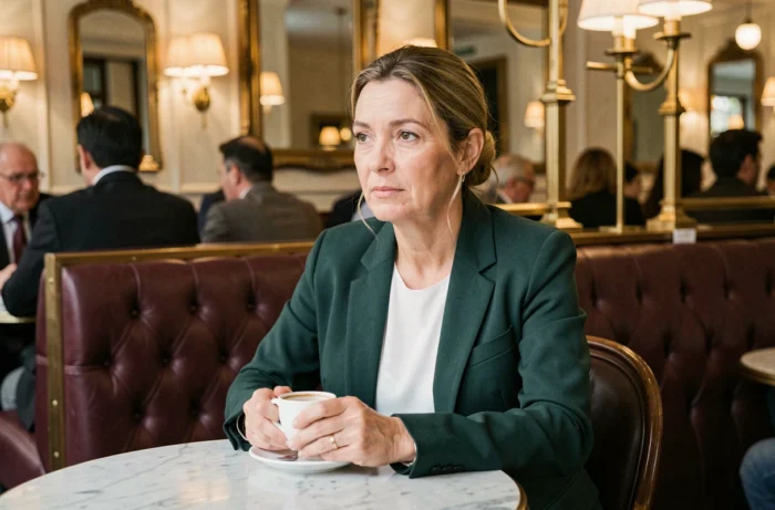 Femme réservée attablée dans une brasserie parisienne classique, symbolisant la discrétion et la vie privée de l'épouse de Fabien Haimovici