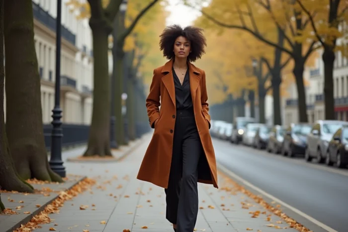 Femme élégante en imperméable rouille marchant avec assurance dans une avenue urbaine aux tons automnaux