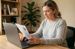 Femme consultant son identifiant Banque Postale à 10 chiffres sur un document bancaire devant son ordinateur portable