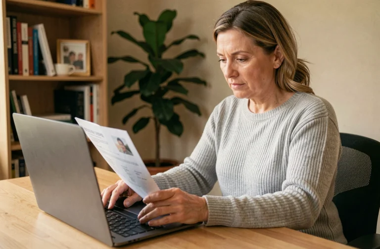 Femme consultant son identifiant Banque Postale à 10 chiffres sur un document bancaire devant son ordinateur portable