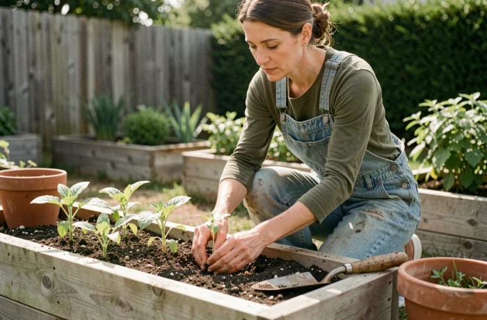 Femme jardinant dans son potager surélevé en bois, transplantant des semis de tomates avec soin dans un jardin de banlieue