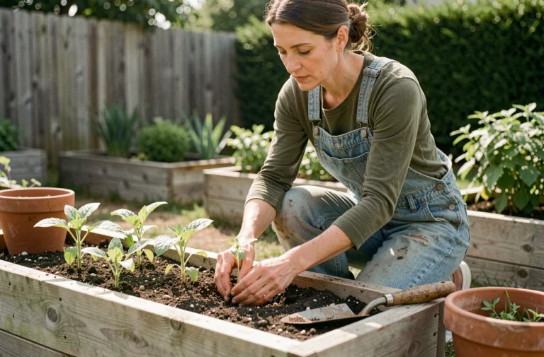 Femme jardinant dans son potager surélevé en bois, transplantant des semis de tomates avec soin dans un jardin de banlieue