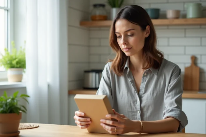 Femme lisant attentivement la notice d'un complément alimentaire à la maison, illustrant l'évaluation des effets secondaires d'Indiva System