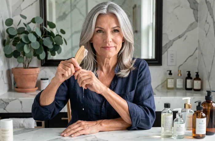 Femme mature appliquant un soin bain de charme sur cheveux grisonnants dans une salle de bain élégante avec marbre et produits capillaires naturels