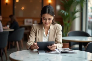 Femme moderne consultante les dernières tendances mode sur une tablette dans un café parisien contemporain