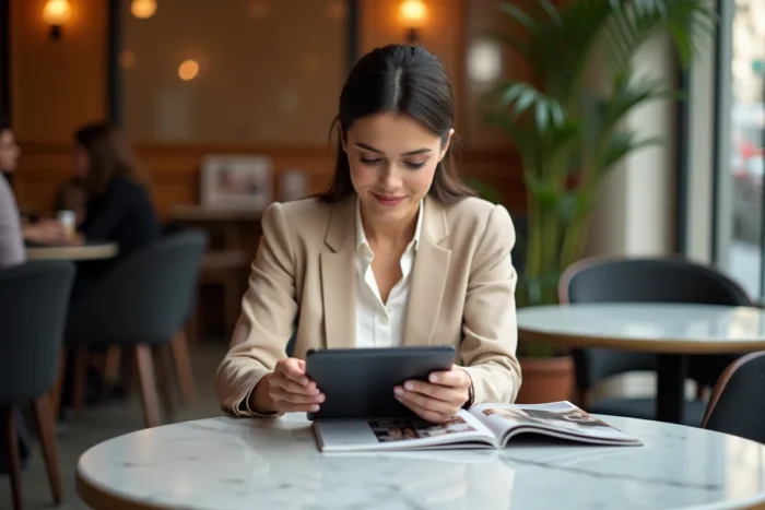 Femme moderne consultante les dernières tendances mode sur une tablette dans un café parisien contemporain