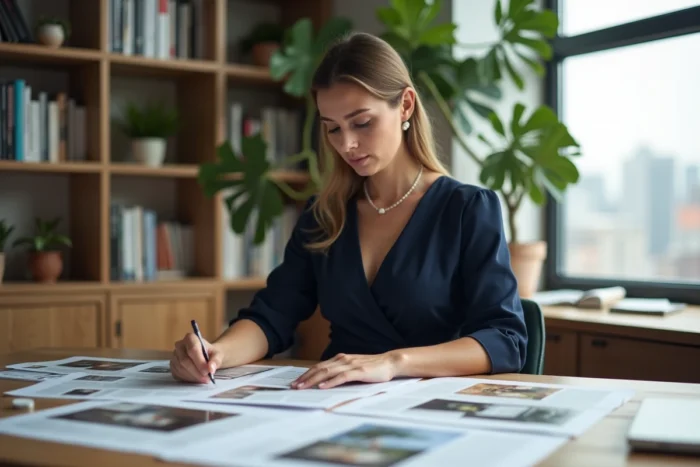 Femme professionnelle analysant des tendances mode sur un bureau créatif dans un espace de travail moderne à domicile