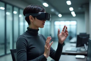 Femme portant un casque de réalité augmentée dans un laboratoire technologique moderne, illustrant les innovations tech de l'année