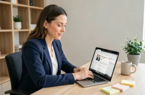 Femme professionnelle en blazer marine consultant des offres d'emploi sur son ordinateur portable dans un bureau à domicile moderne