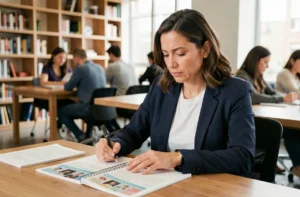 Femme en reconversion professionnelle étudiant des supports de formation pour devenir enseignante dans un espace de coworking moderne