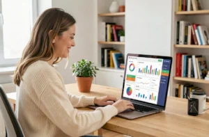 Jeune femme travaillant sur son ordinateur portable avec un tableau de bord de revenus publicitaires en ligne affiché à l'écran, dans un bureau moderne à domicile