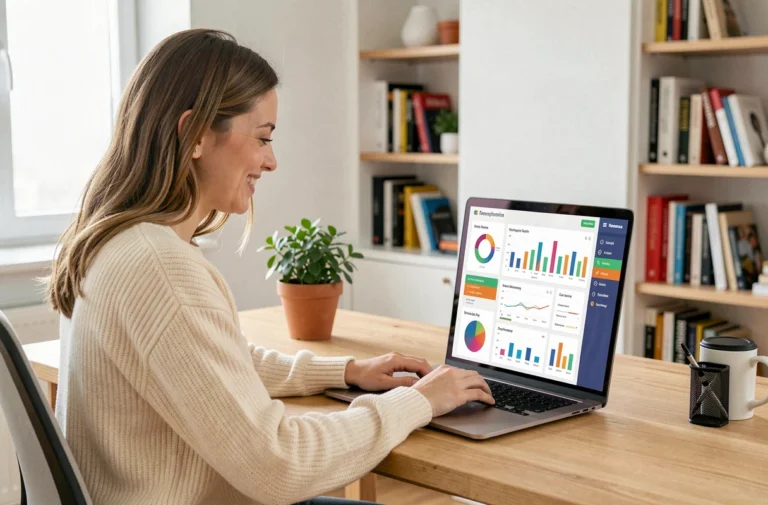 Jeune femme travaillant sur son ordinateur portable avec un tableau de bord de revenus publicitaires en ligne affiché à l'écran, dans un bureau moderne à domicile