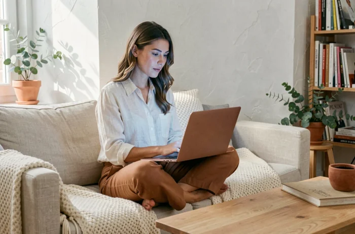 Femme parcourant des idées shopping tendance sur un ordinateur portable dans un salon minimaliste scandinave