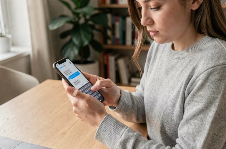 Femme utilisant un smartphone Android pour souligner un mot dans un SMS en tenant le téléphone avec les deux mains
