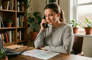 Femme au téléphone cherchant à contacter une association d'aide pour les femmes depuis son bureau